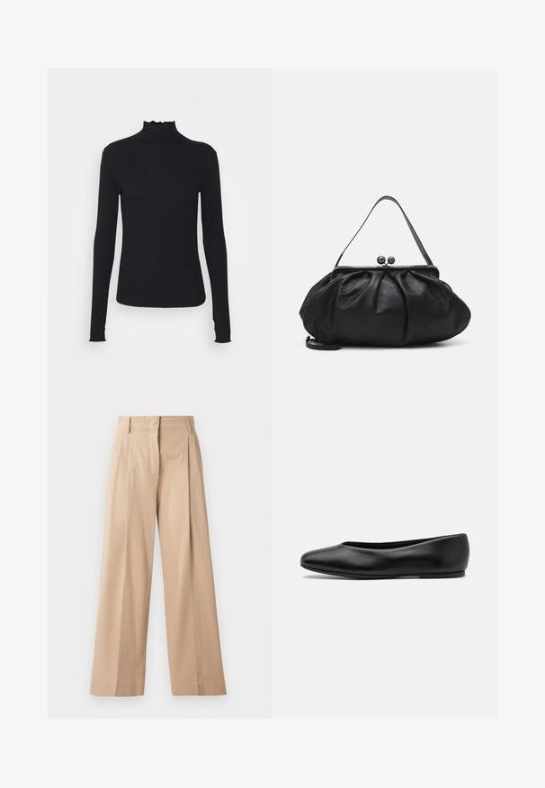 Black long-sleeve turtleneck top made of smooth fabric, featuring a ruffled neck and fitted silhouette with simple edges.; Light beige wide-leg pants made of smooth, lightweight fabric. Features pleats at the front, a tailored waistband, and a straight cut.; Paul Smith TOPANGA - Ballet pumps - black; Black leather handbag with a rounded, pleated design. Features a metallic clasp with two decorative balls and a slim, detachable strap.