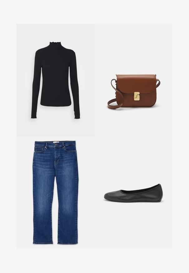 Černý dlouhý rukáv rolák vyrobený z hladkého materiálu, s volánkovým límcem a přiléhavým střihem s jednoduchými okraji.; Modré džíny s rovnými nohavicemi, mají pět kapes, zapínání na knoflík a mírné vyblednutí na nohavicích. Stehy jsou prošité a lem je upravený.; Černé kožené baletní byty s kulatou špičkou, hladkou texturou, minimálními švy a flexibilním designem podrážky.; Hnědá kožená kabelka s klopou, zlatými kovovými detaily, ramenním popruhem a hladkým povrchem. Kompaktní obdélníkový tvar.