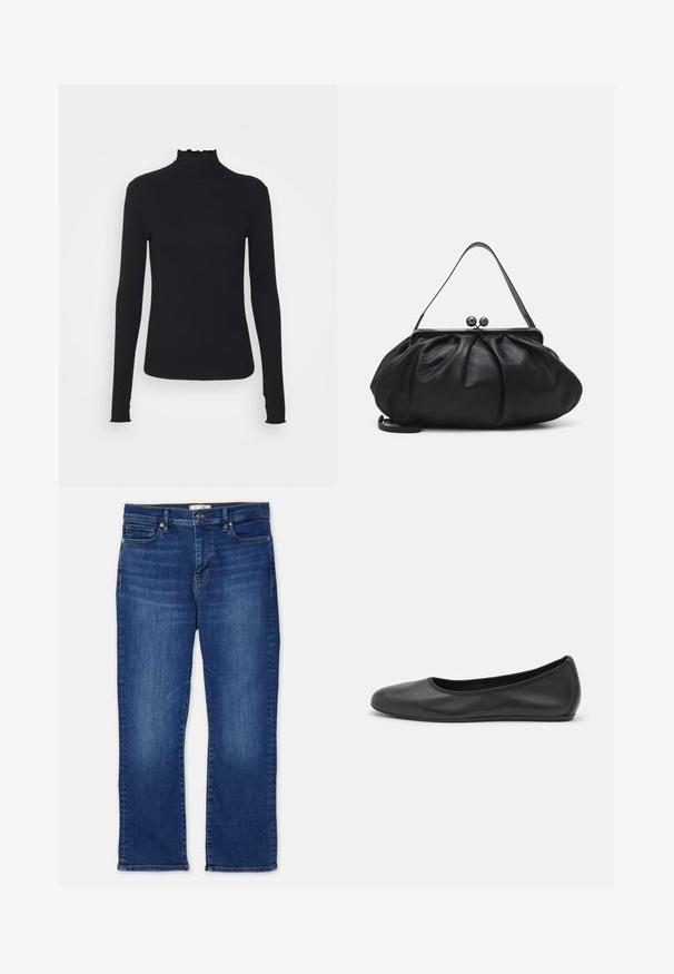 Čierny dlhý rukáv turtleneck top vyrobený z hladkej látky, s volánovým golierom a priliehavou siluetou s jednoduchými okrajmi.; Modré džínsy so rovnou nohavicou, ktoré majú päť vreciek, zapínanie na gombík a jemné vyblednutie na nohách. Hlavné švy a lem sú prešité.; Čierne kožené baleríny s okrúhlou špičkou, hladkým povrchom, minimálnym prešívaním a flexibilným dizajnom podrážky.; Čierna kožená kabelka s zaobleným, nariadeným dizajnom. Disponuje kovovým zapínaním s dvoma dekoračnými guľôčkami a tenkým, odnímateľným popruhom.