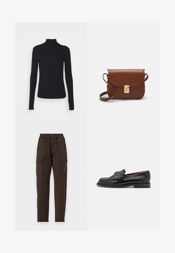 Crni dugi rukav turtleneck majica izrađena od glatkog materijala, s volanima oko vrata i uskim siluetom s jednostavnim rubovima.; Smeđe cargo hlače s elastičnom waistband-om, dva velika prednja džepa i suženim krojem. Izrađene su od laganog materijala s mat teksturom.; Crni kožni loafers s ušivenim uzorkom, glatkom teksturom, detaljem zlatne kopče i zaobljenim vrhom, postavljeni na nisku crnu potplat.; Smeđa kožna torba s preklopom, zlatnim detaljima, remenom za nošenje preko ramena i glatkom teksturom. Kompaktni pravokutni oblik.