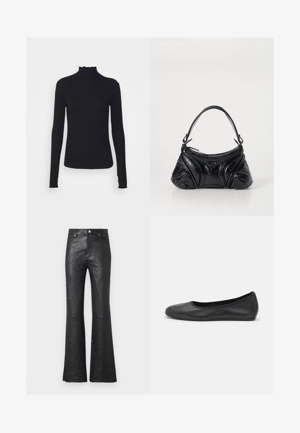 Juodas ilgomis rankovėmis turtleneko tipo viršus, pagamintas iš lygaus audinio, su raukšlėtu kaklu ir prigludusia siluetu, turinčiu paprastus kraštus.; Juodos odinės platėjančios kelnės su subraižyta tekstūra, aukšta juosmens linija, priekinių kišenių ir klasikine mygtukų uždarymo sistema su užtrauktuku.; Juodai odiniai baletai su apvaliu pirštu, lygi texture, minimalus siuvimo detales ir lanksčiu padų dizainu.; Juodas rankinukas, pagamintas iš tekstūruotos odos, su suapvalinta forma. Jame yra plonas peties diržas ir dekoratyviniai įspausti raštai.; Weekend Max Mara SENAPE - Pirštinės - nero