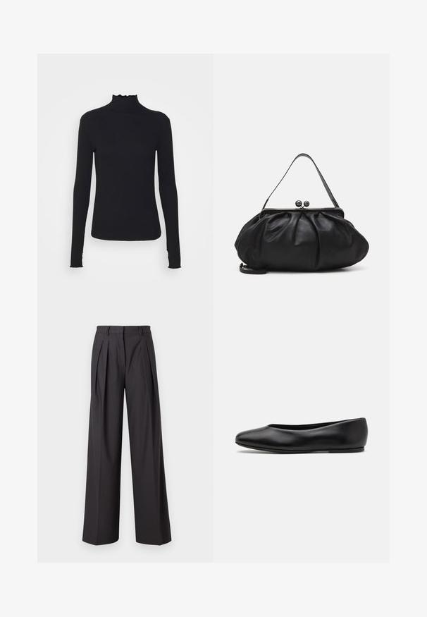 Zwarte langärmelige turtleneck top van soepel stof, met een gerimpelde hals en een aansluitende silhouet met eenvoudige randen.; Brede broekspijpen in donkergrijs stof, met voorplooien, een soepele textuur, een middelhoog taille en riemlussen.; Paul Smith TOPANGA - Ballerina's - black; Zwarte leren handtas met een afgerond, geplooid ontwerp. Voorzien van een metalen sluiting met twee decoratieve bollen en een smalle, afneembare schouderband.