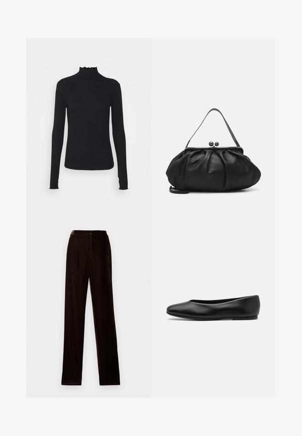 Black long-sleeve turtleneck top made of smooth fabric, featuring a ruffled neck and fitted silhouette with simple edges.; Brown velvet trousers with a straight fit, featuring a smooth texture and subtle sheen, designed with a standard waistband and side seams.; Paul Smith TOPANGA - Ballet pumps - black; Black leather handbag with a rounded, pleated design. Features a metallic clasp with two decorative balls and a slim, detachable strap.