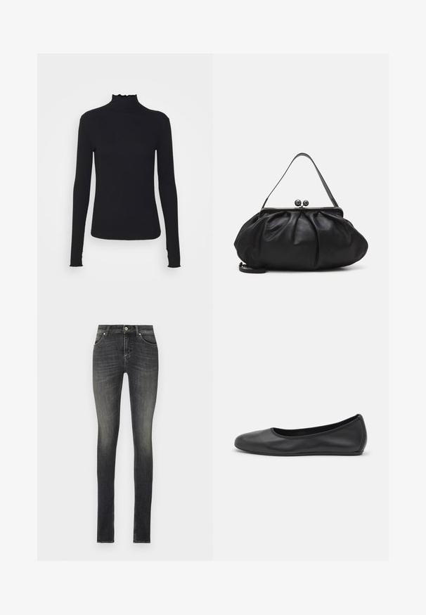 Black long-sleeve turtleneck top made of smooth fabric, featuring a ruffled neck and fitted silhouette with simple edges.; Skinny jeans in dark gray denim, featuring a mid-rise waist, front pockets, and subtle fading for a textured appearance.; Black leather ballet flat with a rounded toe, smooth texture, minimal stitching detail, and a flexible sole design.; Black leather handbag with a rounded, pleated design. Features a metallic clasp with two decorative balls and a slim, detachable strap.