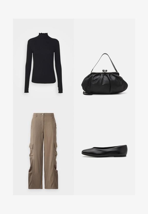Schwarz, langärmliges Turtleneck-Oberteil aus glattem Material, mit einem gerafften Kragen und einer enganliegenden Silhouette mit einfachen Kanten.; Cargo-Hosen aus leichtbraunem Stoff mit geradem Bein, zwei seitlichen Taschen und zwei Cargo-Taschen an den Oberschenkeln.; Paul Smith TOPANGA - Klassischer Ballerina - black; Schwarze Lederhandtasche mit einer runden, gefalteten Form. Verfügt über einen metallischen Verschluss mit zwei dekorativen Kugeln und einem schmalen, abnehmbaren Tragegurt.