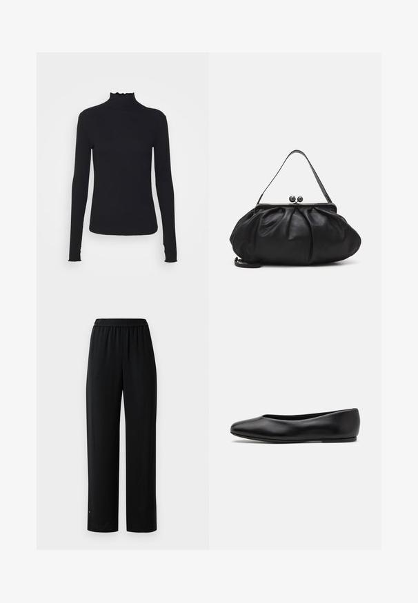 Maglione nero a maniche lunghe con colletto a dolcevita realizzato in tessuto morbido, caratterizzato da un collo arricciato e una silhouette aderente con bordi semplici.; Pantaloni neri a gamba larga realizzati in un tessuto morbido con cintura elastica. Presentano una vestibilità dritta e dettagli minimi. Adatti per un abbigliamento casual.; Paul Smith TOPANGA - Ballerine - black; Borsa a mano in pelle nera con un design arrotondato e plissettato. Presenta una chiusura metallica con due palline decorative e una tracolla sottile e removibile.