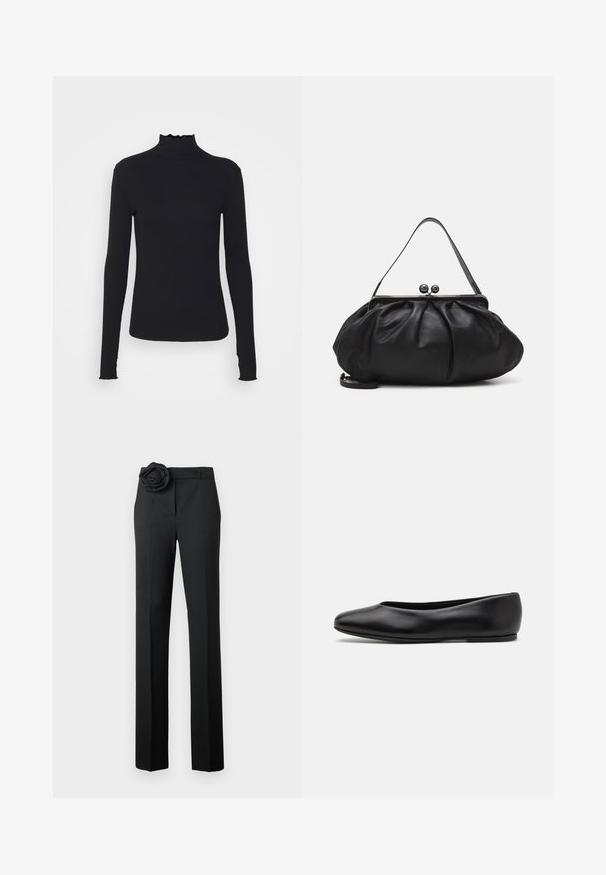 Top negro de manga larga con cuello alto, hecho de tejido suave, que presenta un cuello con volantes y una silueta ajustada con bordes simples.; Pantalones negros con un corte ajustado, con un acento de rosa de tela en la cintura, piernas rectas y una textura suave.; Paul Smith TOPANGA - Bailarinas - black; Bolso de mano de cuero negro con un diseño redondeado y plisado. Cuenta con un cierre metálico con dos bolas decorativas y una correa delgada y desmontable.