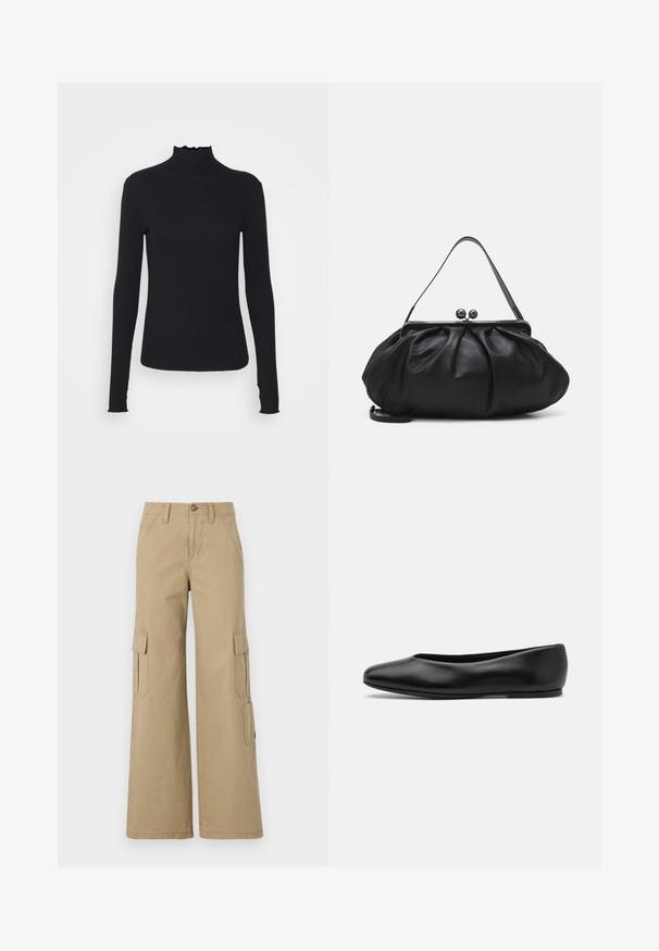 Sort langærmet turtleneck top lavet af glat stof, med en rynket krave og tætsiddende silhuet med enkle kanter.; Beige cargo shorts med brede ben, der har to flaplommer på siden, en knaplukning og et glat bomuldsstof.; Paul Smith TOPANGA - Ballerinasko - black; Sort læderpung med et rundt, plisseret design. Har en metalspænde med to dekorative kugler og et slankt, aftageligt rem.