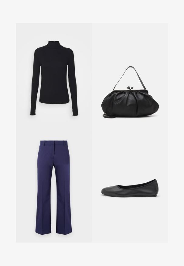 Must kannus varrukatega turtleneck, mis on valmistatud siledast kangast, koos rippuvate kraede ja liibuva siluetiga, millel on lihtsad servad.; Tumejuhuline laienevad püksid, mis on valmistatud siledast kangast, tumedate esiosadega, vöökandmislehtedega ja struktureeritud siluettidega.; Musthave mustika tantsutossud mustast nahast, ümmarguse varbaga, siledast tekstuurist, minimaalse õmblusdetailiga ja paindliku tallakujundusega.; Must mustrida nahk-kott ümmarguse, kortsunud disainiga. Varustatud metallist klambriga, millel on kaks dekoratiivset palli ja õhuke, eemaldatav rihm.