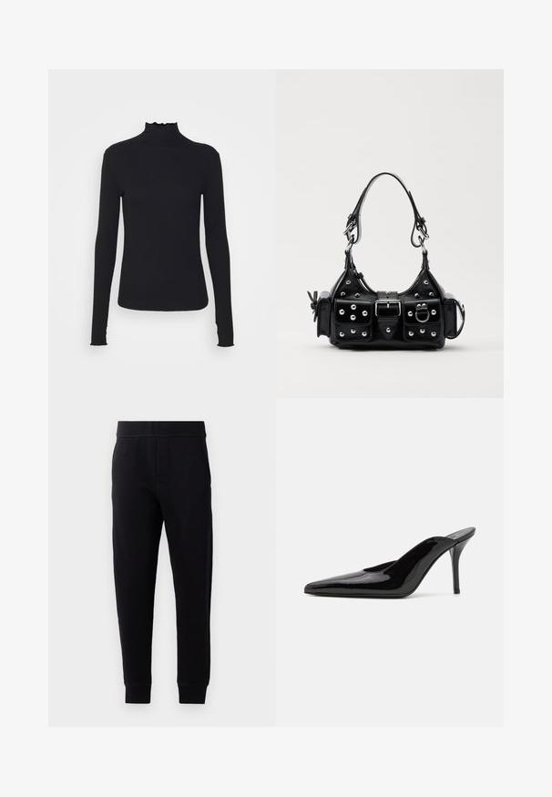 Schwarz, langärmliges Turtleneck-Oberteil aus glattem Material, mit einem gerafften Kragen und einer enganliegenden Silhouette mit einfachen Kanten.; Schwarze Jogginghosen aus weichem Material, mit elastischem Bund, schmaler Passform, Seitentaschen und schmal zulaufenden Säumen an den Knöcheln.; Schwarze Lackleder-Pumps mit hohen Absätzen, spitzer Zehenform und schlanker Silhouette, mit offenem Rücken und schlankem Stiletto-Absatz.; Schwarze Lederhandtasche mit einem geschwungenen Design, verziert mit silbernen Nieten, einer Schnalle und zwei seitlichen Taschen. Verstellbarer Träger für verschiedene Tragemöglichkeiten.