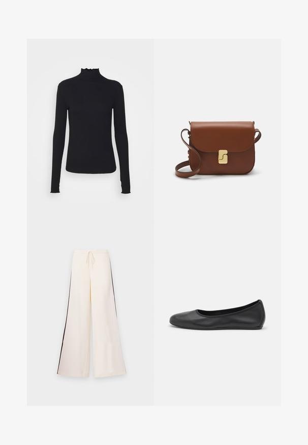 Sort langærmet turtleneck top lavet af glat stof, med en rynket krave og tætsiddende silhuet med enkle kanter.; Cremefarvede brede bukser lavet af glat stof, med snoretræk i taljen og kontrastfarvede mørke sidelister. Flad front-design, uden lommer.; Sort læderballetsko med rund tå, glat tekstur, minimal syning og et fleksibelt såldesign.; Brun læder håndtaske med flaplukning, hardware i gyldent tone, en skulderrem og en glat overflade. Kompakt rektangulær form.