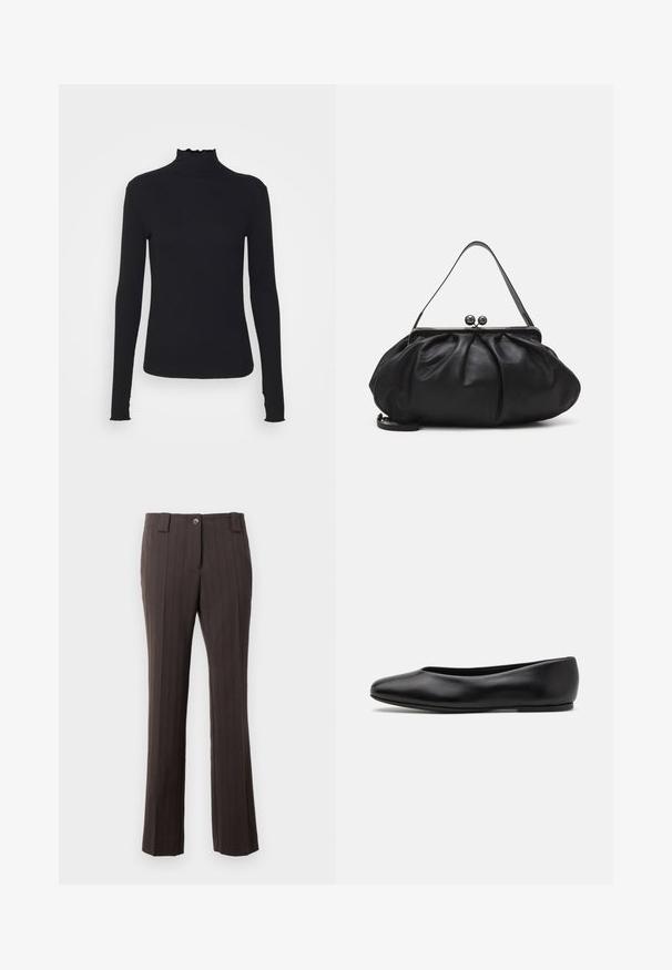 Zwarte langärmelige turtleneck top van soepel stof, met een gerimpelde hals en een aansluitende silhouet met eenvoudige randen.; Bruine broek met streepjes, met een getailleerd ontwerp, voorzien van een knoopsluiting aan de voorkant en een rechte pijp. Zachte stoftextuur.; Paul Smith TOPANGA - Ballerina's - black; Zwarte leren handtas met een afgerond, geplooid ontwerp. Voorzien van een metalen sluiting met twee decoratieve bollen en een smalle, afneembare schouderband.