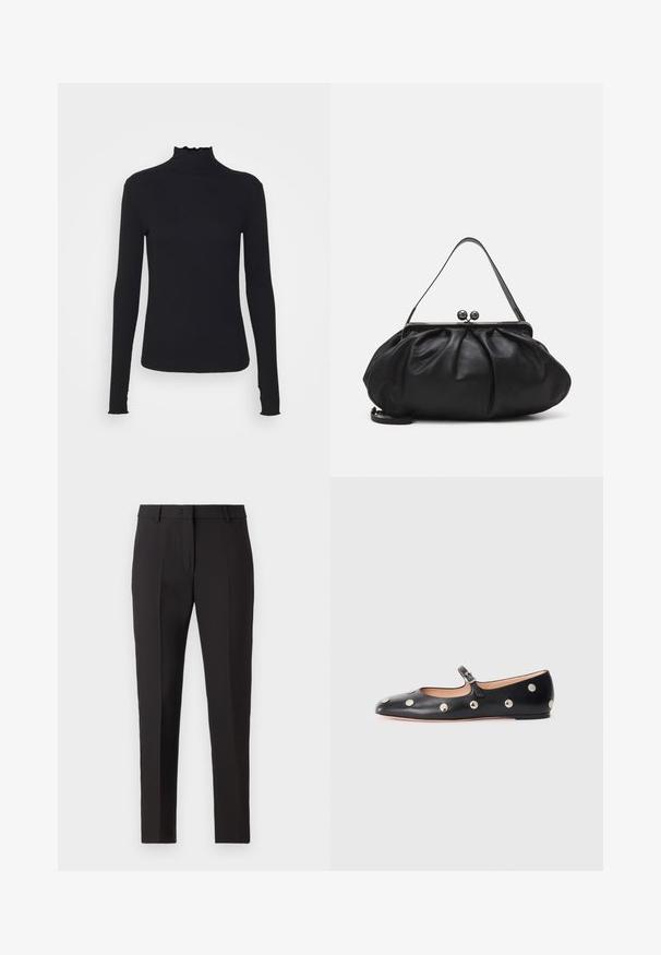 Haut à manches longues noir en col roulé, fabriqué en tissu lisse, présentant un col volanté et une silhouette ajustée avec des bords simples.; Pantalon noir ajusté avec une coupe droite, doté d'un devant plat, de passants de ceinture et sans motifs ni embellissements visibles.; Chaussure plate en cuir noir type Mary Jane avec un bout arrondi, ornée de clous ronds en argent et dotée d'une sangle réglable avec une boucle.; Sac à main en cuir noir avec un design arrondi et plissé. Il possède un fermoir métallique avec deux boules décoratives et une bandoulière fine et amovible.
