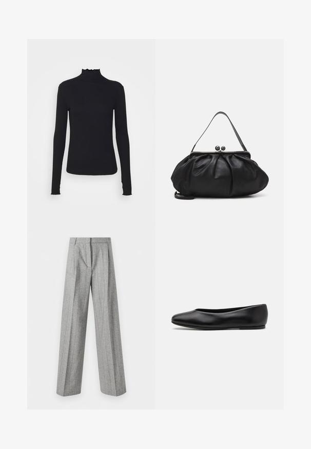 Crni dugi rukav turtleneck majica izrađena od glatkog materijala, s volanima oko vrata i uskim siluetom s jednostavnim rubovima.; Svijetlosive hlače visokog struka s vertikalnim prugama i širokim ravnim nogavicama, prikazane na bijeloj pozadini.; Paul Smith TOPANGA - Balerinke - black; Crna kožna torba s zaobljenim, naboranim dizajnom. Ima metalnu kopču s dva ukrasna gumba i tanki, odvojivi remen.