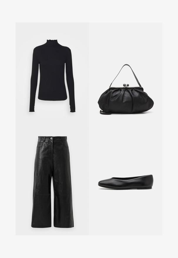 Schwarz, langärmliges Turtleneck-Oberteil aus glattem Material, mit einem gerafften Kragen und einer enganliegenden Silhouette mit einfachen Kanten.; Schwarze Leder Schlaghosen mit glatter Oberfläche, ausgestattet mit einem Reißverschluss und Fronttaschen. Minimalistisches Design mit verkürzter Länge.; Paul Smith TOPANGA - Klassischer Ballerina - black; Schwarze Lederhandtasche mit einer runden, gefalteten Form. Verfügt über einen metallischen Verschluss mit zwei dekorativen Kugeln und einem schmalen, abnehmbaren Tragegurt.