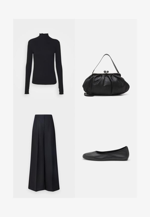 Černý dlouhý rukáv rolák vyrobený z hladkého materiálu, s volánkovým límcem a přiléhavým střihem s jednoduchými okraji.; MAX&Co. IPPICA - Kalhoty - black; Černé kožené baletní byty s kulatou špičkou, hladkou texturou, minimálními švy a flexibilním designem podrážky.; Černá kožená kabelka s zaobleným, skládáním designem. Obsahuje kovový zavírač se dvěma dekorativními koulemi a tenkým, odnímatelným popruhem.