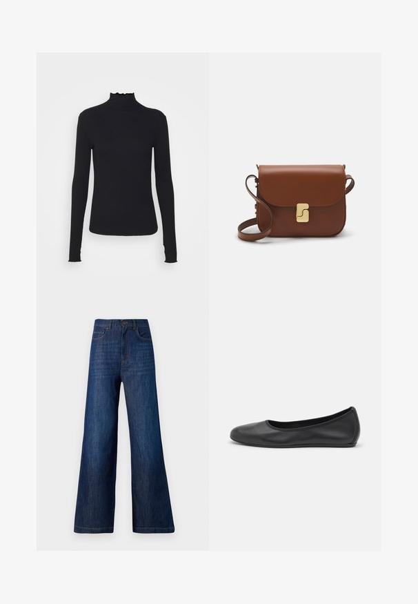 Black long-sleeve turtleneck top made of smooth fabric, featuring a ruffled neck and fitted silhouette with simple edges.; Wide-leg jeans made of dark blue denim. Features five pockets, a front button closure, and visible stitching along the waistband and hem.; Black leather ballet flat with a rounded toe, smooth texture, minimal stitching detail, and a flexible sole design.; Brown leather handbag with a flap closure, gold-tone hardware, a shoulder strap, and a smooth texture. Compact rectangular shape.