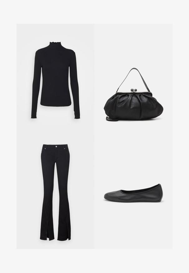 Černý dlouhý rukáv rolák vyrobený z hladkého materiálu, s volánkovým límcem a přiléhavým střihem s jednoduchými okraji.; Černé zvonové džíny vyrobené z měkkého denimu, s rozparky na kotnících, dvěma předními kapsami a kovovým zapínáním. Klasický design s čistým zpracováním.; Černé kožené baletní byty s kulatou špičkou, hladkou texturou, minimálními švy a flexibilním designem podrážky.; Černá kožená kabelka s zaobleným, skládáním designem. Obsahuje kovový zavírač se dvěma dekorativními koulemi a tenkým, odnímatelným popruhem.