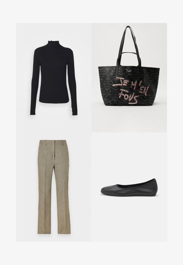 Zwarte langärmelige turtleneck top van soepel stof, met een gerimpelde hals en een aansluitende silhouet met eenvoudige randen.; Beige en zwarte geruite maatwerbrok met een rechte pijp, voorzien van riemlussen en zijzakken, gemaakt van een gladde stof.; Zwarte leren ballerina met een ronde neus, gladde textuur, minimale stikdetails en een flexibele zoolontwerp.; Zwarte tote bag van gestructureerd materiaal met een diamanten patroon, schouderbanden en vetrode en witte tekst met de tekst "JE M'EN FOUS."