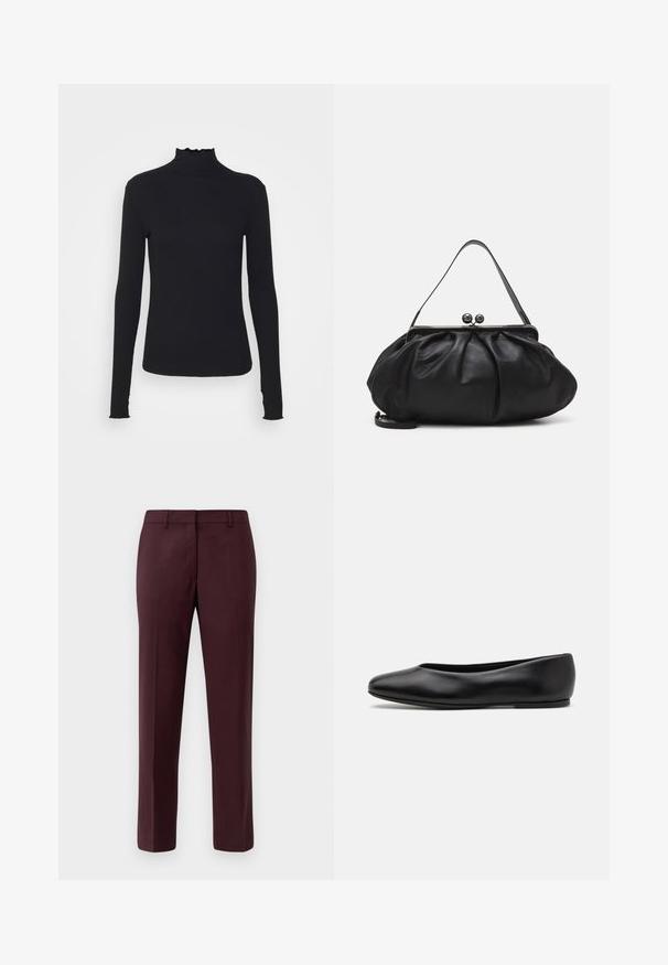 Zwarte langärmelige turtleneck top van soepel stof, met een gerimpelde hals en een aansluitende silhouet met eenvoudige randen.; Bordeaux op maat gemaakte broek van gladde stof. Heeft een platte voorkant, slim fit en geen zichtbare zakken of versieringen.; Paul Smith TOPANGA - Ballerina's - black; Zwarte leren handtas met een afgerond, geplooid ontwerp. Voorzien van een metalen sluiting met twee decoratieve bollen en een smalle, afneembare schouderband.