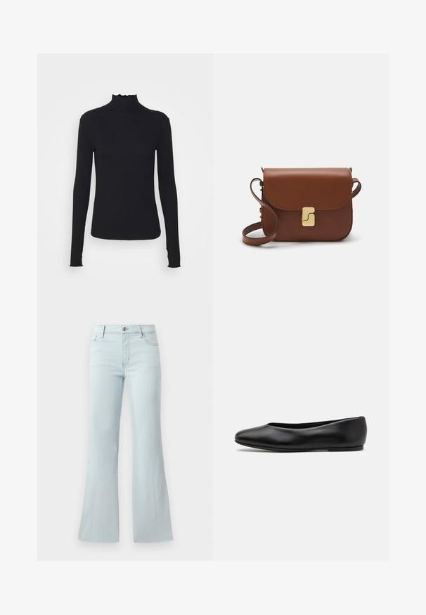 Crni dugi rukav turtleneck majica izrađena od glatkog materijala, s volanima oko vrata i uskim siluetom s jednostavnim rubovima.; Svijetloplave široke traperice izrađene od denima. Opremljene klasičnim dizajnom s pet džepova i prednjim kopčanjem na dugme. Cjelokupna tekstura je glatka.; Paul Smith TOPANGA - Balerinke - black; Smeđa kožna torba s preklopom, zlatnim detaljima, remenom za nošenje preko ramena i glatkom teksturom. Kompaktni pravokutni oblik.