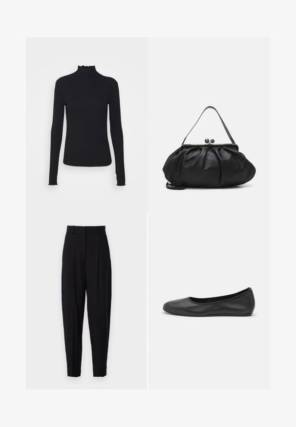 Black long-sleeve turtleneck top made of smooth fabric, featuring a ruffled neck and fitted silhouette with simple edges.; Vanessa Bruno DAVID - Trousers - noir; Black leather ballet flat with a rounded toe, smooth texture, minimal stitching detail, and a flexible sole design.; Black leather handbag with a rounded, pleated design. Features a metallic clasp with two decorative balls and a slim, detachable strap.