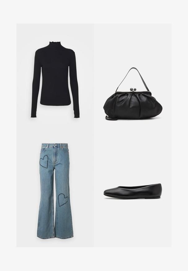 Black long-sleeve turtleneck top made of smooth fabric, featuring a ruffled neck and fitted silhouette with simple edges.; Light blue denim flared jeans featuring two dark blue heart patches on the front. Classic five-pocket design with a button closure.; Paul Smith TOPANGA - Ballet pumps - black; Black leather handbag with a rounded, pleated design. Features a metallic clasp with two decorative balls and a slim, detachable strap.
