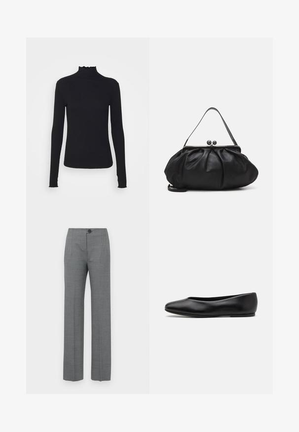 Black long-sleeve turtleneck top made of smooth fabric, featuring a ruffled neck and fitted silhouette with simple edges.; Gray tailored trousers with a straight-leg design, featuring a button closure, side pockets, and a smooth, textured fabric.; Paul Smith TOPANGA - Ballet pumps - black; Black leather handbag with a rounded, pleated design. Features a metallic clasp with two decorative balls and a slim, detachable strap.