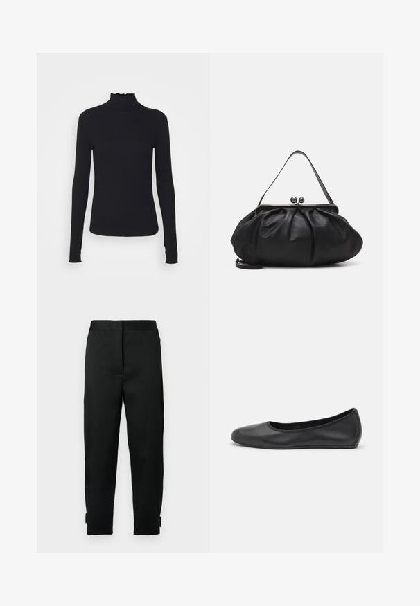 Crni dugi rukav turtleneck majica izrađena od glatkog materijala, s volanima oko vrata i uskim siluetom s jednostavnim rubovima.; Crne sužene hlače od glatke tkanine, s pojasom u struku, bočnim džepovima i patentnim zatvaračem na rubu za podesivo pristajanje.; Crne kožne baletanke s zaobljenim vrhom, glatke teksture, minimalnim detaljima šavova i fleksibilnim dizajnom potplata.; Crna kožna torba s zaobljenim, naboranim dizajnom. Ima metalnu kopču s dva ukrasna gumba i tanki, odvojivi remen.