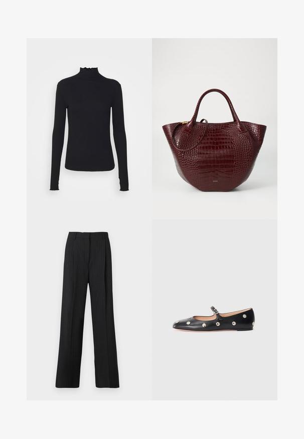 Top negru cu mânecă lungă și guler înalt, realizat dintr-un material neted, având un guler cu volane și o siluetă ajustată cu margini simple.; Pantaloni negri cu dungi subțiri, cu o croială lejeră, având un front plat, două buzunare laterale și o textură netedă a materialului.; Pantofii Mary Jane din piele neagră, cu vârful rotund, decorati cu nasturi circulari argintii și o curea ajustabilă cu cataramă.; Geantă tote din piele cu embosare în formă de crocodil de culoare mărun, cu două mânere, o formă rotundă și un accent subtil din hardware de ton auriu.