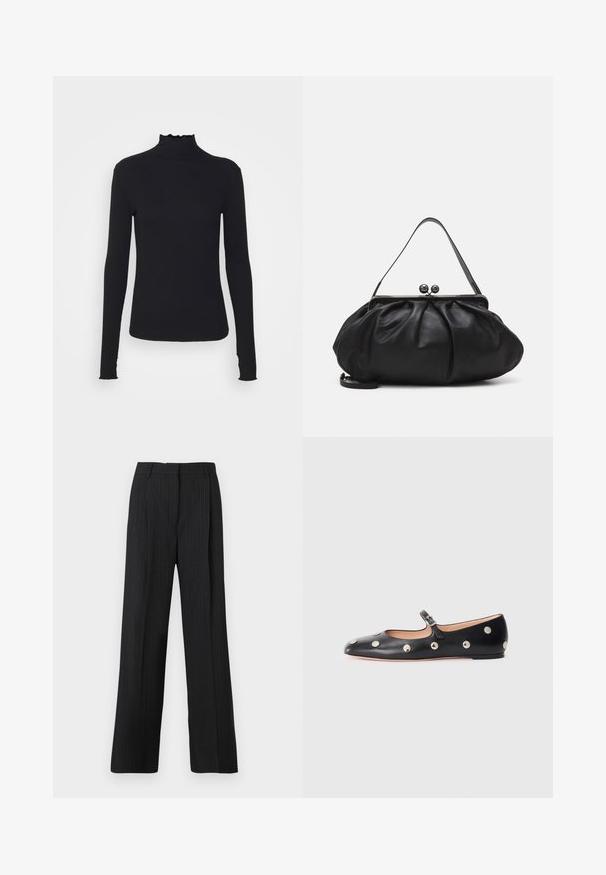 Sort langærmet turtleneck top lavet af glat stof, med en rynket krave og tætsiddende silhuet med enkle kanter.; Sorte skræddersyede bukser med en afslappet pasform, der har en glat front, to sidelommer og en blød stofstruktur.; Sorte læder Mary Jane flad sko med en rund tå, udstyret med sølvfarvede runde nitter og en justerbar rem med spænde.; Sort læderpung med et rundt, plisseret design. Har en metalspænde med to dekorative kugler og et slankt, aftageligt rem.