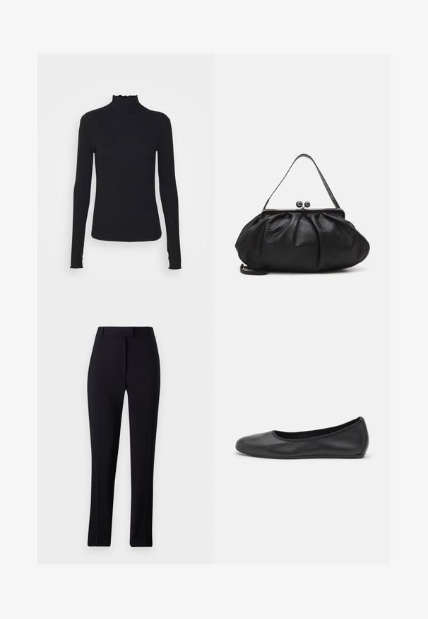 Zwarte langärmelige turtleneck top van soepel stof, met een gerimpelde hals en een aansluitende silhouet met eenvoudige randen.; Zwarte op maat gemaakte broeken met een rechte pijp, een gladde textuur en zonder zichtbare patronen of versieringen.; Zwarte leren ballerina met een ronde neus, gladde textuur, minimale stikdetails en een flexibele zoolontwerp.; Zwarte leren handtas met een afgerond, geplooid ontwerp. Voorzien van een metalen sluiting met twee decoratieve bollen en een smalle, afneembare schouderband.