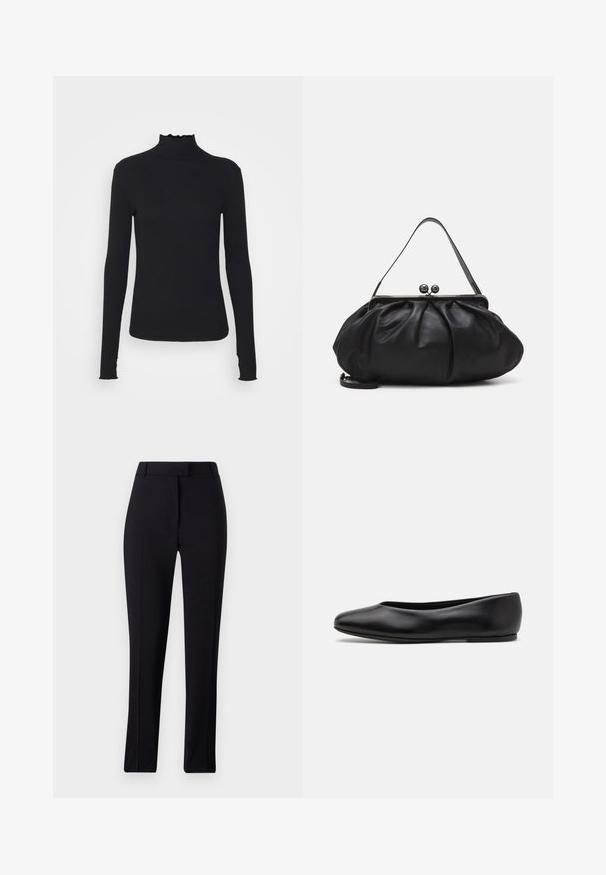 Juodas ilgomis rankovėmis turtleneko tipo viršus, pagamintas iš lygaus audinio, su raukšlėtu kaklu ir prigludusia siluetu, turinčiu paprastus kraštus.; Juodos pritaikytos kelnės su tiesiomis kojomis, sklandžiu paviršiumi ir be matomų raštų arba puošmenų.; Paul Smith TOPANGA - Balerinos stiliaus laivutės - black; Juodas odinis rankinė su apvalia, raukšlėtą dizainą. Priedai metalinė užsegimas su dviem dekoratyvinėmis kamuoliukais ir plona, nuimama pakaba.