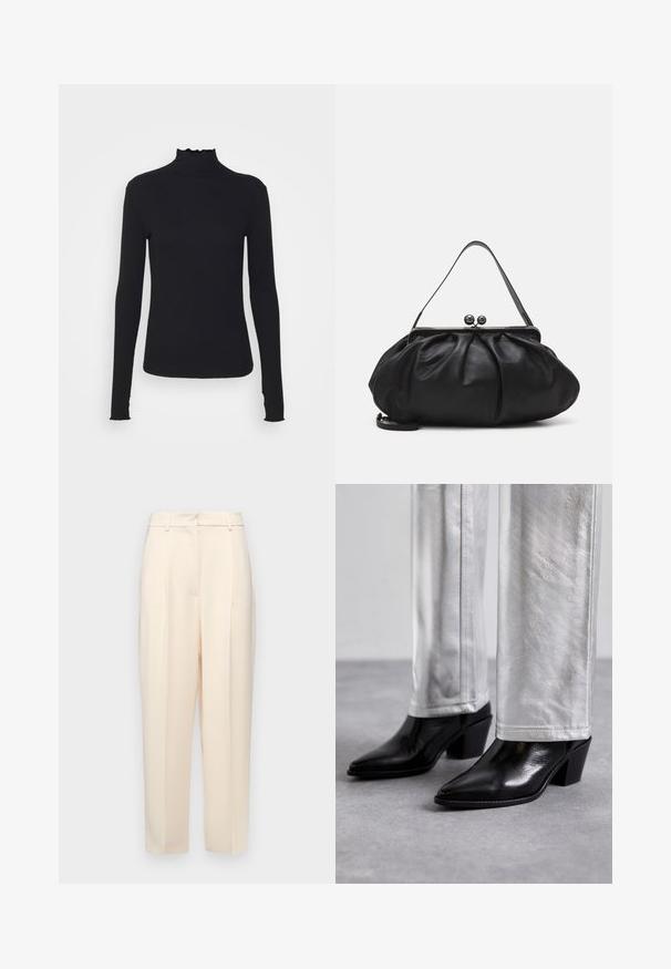 Haut à manches longues noir en col roulé, fabriqué en tissu lisse, présentant un col volanté et une silhouette ajustée avec des bords simples.; Pantalons beiges ajustés à coupe droite, avec des plis à l'avant, une texture lisse et une taille mi-haute. Pas de poches visibles.; Bottes noires en cuir à talon carré et bout pointu, associées à un pantalon argenté brillant, mettant en valeur des textures épurées et des couleurs contrastées.; Sac à main en cuir noir avec un design arrondi et plissé. Il possède un fermoir métallique avec deux boules décoratives et une bandoulière fine et amovible.