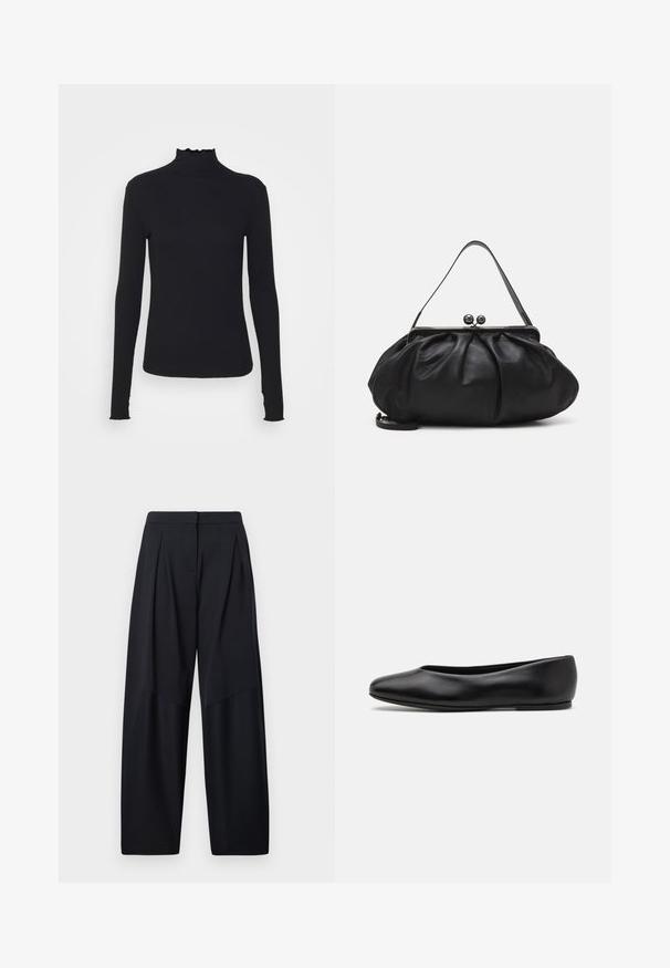 Zwarte langärmelige turtleneck top van soepel stof, met een gerimpelde hals en een aansluitende silhouet met eenvoudige randen.; Wijde broekspijpen in marineblauw met plooien aan de voorkant, met een gladde stof en een nette tailleband voor een verzorgd uiterlijk.; Paul Smith TOPANGA - Ballerina's - black; Zwarte leren handtas met een afgerond, geplooid ontwerp. Voorzien van een metalen sluiting met twee decoratieve bollen en een smalle, afneembare schouderband.