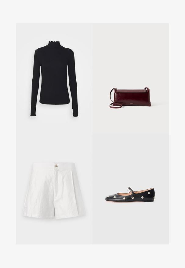 Must kannus varrukatega turtleneck, mis on valmistatud siledast kangast, koos rippuvate kraede ja liibuva siluetiga, millel on lihtsad servad.; Valged linased shorts, millel on lame vöökoht, pleeditud esikujundus ja metalliklogo aktsent keskel.; Must naar mustast valmistatud Mary Jane lamedad jalanõud, ümarate varvastega, hõbedaste ümmarguste nupukestega ja reguleeritava rihmaga, millel on klamber.; Burgundia nahast õlakott, millel on sile tekstuur, ristkülikukujuline kuju, klappkinnitus ja õhuke reguleeritav rihm. Nähtav kuldne logo detail.