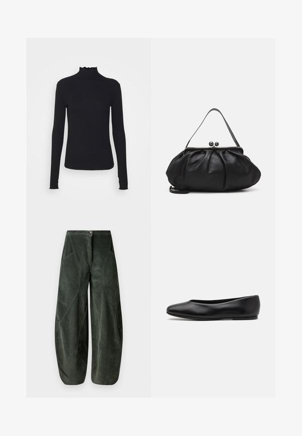 Crni dugi rukav turtleneck majica izrađena od glatkog materijala, s volanima oko vrata i uskim siluetom s jednostavnim rubovima.; Hlače širokih nogavica od tamnozelenog kord tkanja, s kopčanjem na gumb i ukošenim bočnim džepovima s teksturiranim, rebrastim uzorkom.; Paul Smith TOPANGA - Balerinke - black; Crna kožna torba s zaobljenim, naboranim dizajnom. Ima metalnu kopču s dva ukrasna gumba i tanki, odvojivi remen.
