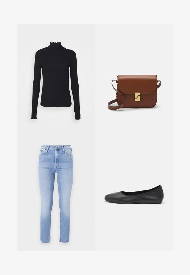 Črn dolg rokav turtleneck zgornji del iz gladkega materiala, ki se ponaša z nabranim ovratnikom in prilegajočim silhueto s preprostimi robovi.; Svetlo modri skinny džins s visokim pasom, ki ima pet žepov in subtilno zbledelost spredaj in zadaj.; Črne usnjene balerinke z zaobljenim nosom, gladko teksturo, minimalnimi šivi in fleksibilno zasnovo podplata.; Rjava usnjena torbica s poklopcem, zlato obarvani okovi, naramnica in gladka tekstura. Kompaktna pravokotna oblika.
