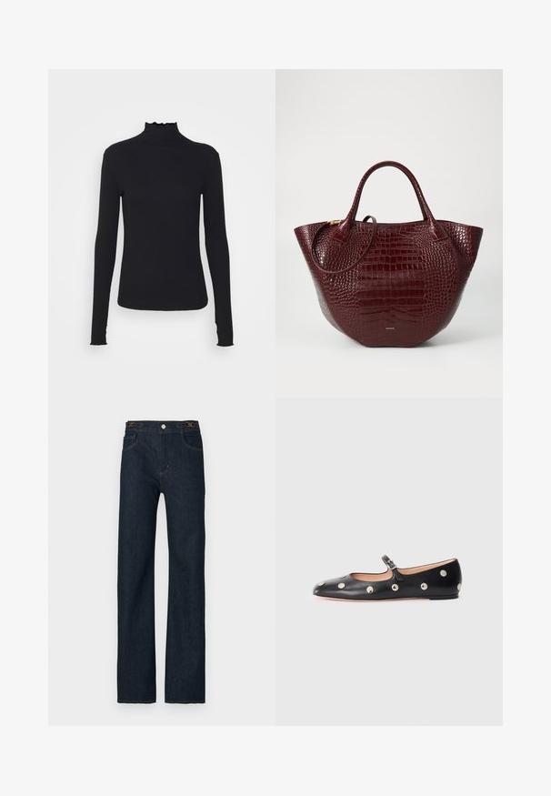 Melnas garām piedurknēm turtleneck blūze, izgatavota no gludas auduma, ar krokotu apkakli un pieguļošu siluetu, kas ir ar vienkāršām malām.; Tumši zilas džinsa bikses ar taisnu piegriezumu, ar pogu aizdari, jostas cilpām un kontrastējošu šuvju izšuvumu. Klasiska piecu kabatu dizains.; Melna ādas Mary Jane līdzena zābaku ar noapaļotu purngalu, kurā ir sudraba apaļie kniedes un regulējama siksniņa ar sprādzi.; Bordo krokodila rakstainā ādas somiņa ar diviem rokturiem, noapaļota forma un neliela zelta toņa metāla detaļa.