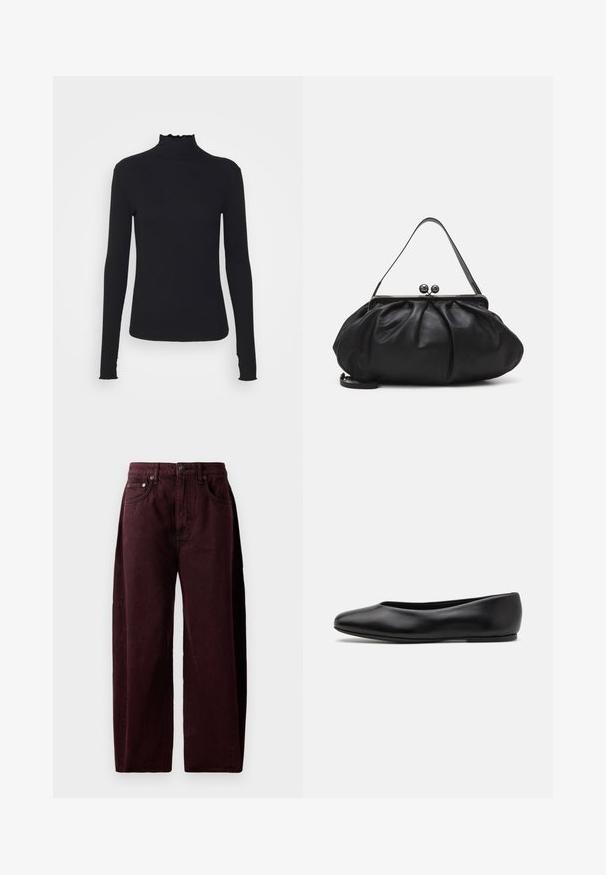 Black long-sleeve turtleneck top made of smooth fabric, featuring a ruffled neck and fitted silhouette with simple edges.; Burgundy wide-leg jeans in cotton denim, featuring a high waist, front pockets, and visible stitching. Classic five-pocket design.; Paul Smith TOPANGA - Ballet pumps - black; Black leather handbag with a rounded, pleated design. Features a metallic clasp with two decorative balls and a slim, detachable strap.