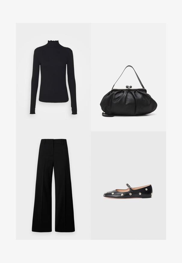 Zwarte langärmelige turtleneck top van soepel stof, met een gerimpelde hals en een aansluitende silhouet met eenvoudige randen.; Zwarte wijde broek van een gladde stof, met een gestructureerde tailleband en voorplooien. Minimalistisch ontwerp zonder zichtbare hardware.; Zwarte leren Mary Jane ballerina met een ronde neus, voorzien van zilveren ronde studs en een verstelbaar bandje met een gesp.; Zwarte leren handtas met een afgerond, geplooid ontwerp. Voorzien van een metalen sluiting met twee decoratieve bollen en een smalle, afneembare schouderband.