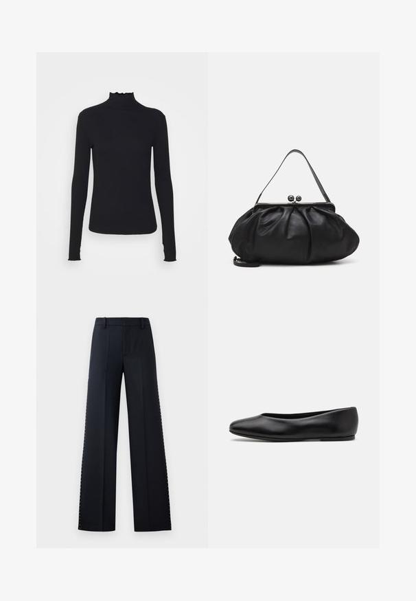 Black long-sleeve turtleneck top made of smooth fabric, featuring a ruffled neck and fitted silhouette with simple edges.; Wide-leg trousers in black. Tailored fit with a smooth texture. Features a row of metallic studs along the side seams for detail.; Paul Smith TOPANGA - Ballet pumps - black; Black leather handbag with a rounded, pleated design. Features a metallic clasp with two decorative balls and a slim, detachable strap.