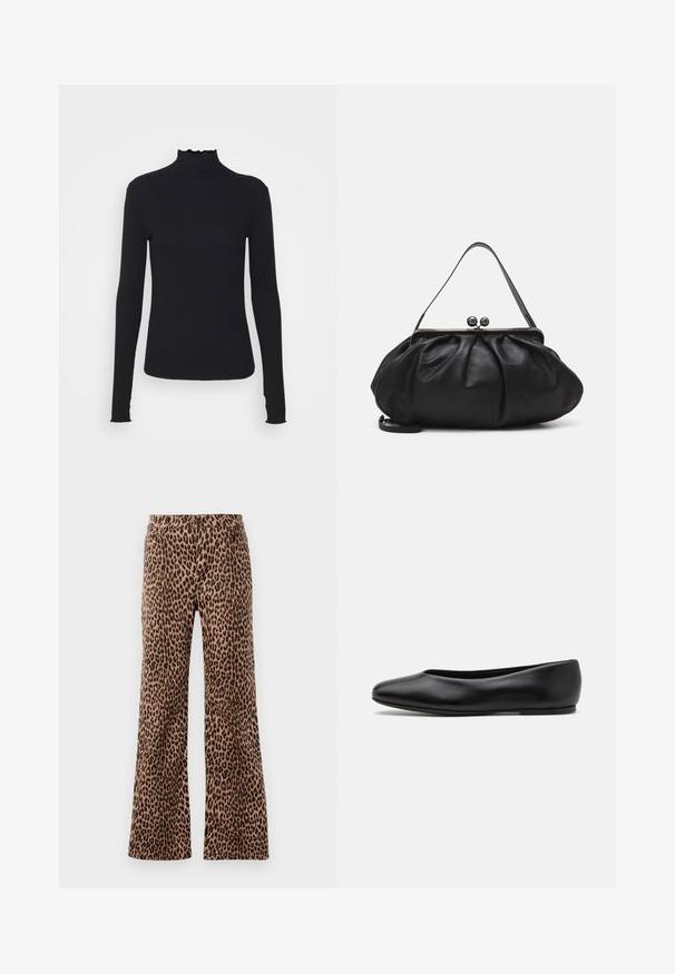 Black long-sleeve turtleneck top made of smooth fabric, featuring a ruffled neck and fitted silhouette with simple edges.; Leopard print wide-leg pants in beige and black, featuring a smooth texture and tapered hem. Design with standard waistband and pockets.; Paul Smith TOPANGA - Ballet pumps - black; Black leather handbag with a rounded, pleated design. Features a metallic clasp with two decorative balls and a slim, detachable strap.