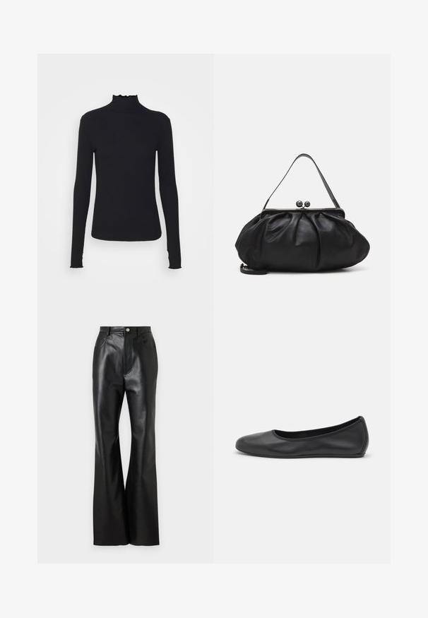 Černý dlouhý rukáv rolák vyrobený z hladkého materiálu, s volánkovým límcem a přiléhavým střihem s jednoduchými okraji.; Černé kožené kalhoty s rozšířenými nohavicemi a hladkým povrchem, přední kapsy a kontrastní prošívání. Obsahují zapínání na knoflík a strukturovaný pas.; Černé kožené baletní byty s kulatou špičkou, hladkou texturou, minimálními švy a flexibilním designem podrážky.; Černá kožená kabelka s zaobleným, skládáním designem. Obsahuje kovový zavírač se dvěma dekorativními koulemi a tenkým, odnímatelným popruhem.