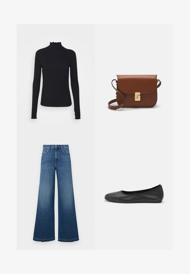 Črn dolg rokav turtleneck zgornji del iz gladkega materiala, ki se ponaša z nabranim ovratnikom in prilegajočim silhueto s preprostimi robovi.; Široke kavbojke v temno modri barvi, ki imajo visok pas, pet žepov in strgan rob, kar zagotavlja sproščen fit in pristen videz.; Črne usnjene balerinke z zaobljenim nosom, gladko teksturo, minimalnimi šivi in fleksibilno zasnovo podplata.; Rjava usnjena torbica s poklopcem, zlato obarvani okovi, naramnica in gladka tekstura. Kompaktna pravokotna oblika.