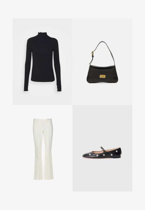 Top negro de manga larga con cuello alto, hecho de tejido suave, que presenta un cuello con volantes y una silueta ajustada con bordes simples.; Pantalones acampanados blancos en una tela suave. Presenta dos bolsillos frontales y un cierre de botón en la parte delantera, con un sutil detalle de pliegues.; Zapato plano tipo Mary Jane de cuero negro con punta redonda, adornado con tachuelas circulares plateadas y una correa ajustable con hebilla.; Bolso de cuero negro con un diseño curvado, placa de logo dorada como acento y una correa de hombro delgada. Textura suave con un acabado elegante.