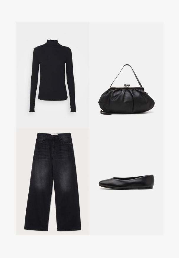 Crni dugi rukav turtleneck majica izrađena od glatkog materijala, s volanima oko vrata i uskim siluetom s jednostavnim rubovima.; Mother THE SPINNER ZIP SNEAK - Traperice opuštenog kroja - black; Paul Smith TOPANGA - Balerinke - black; Crna kožna torba s zaobljenim, naboranim dizajnom. Ima metalnu kopču s dva ukrasna gumba i tanki, odvojivi remen.