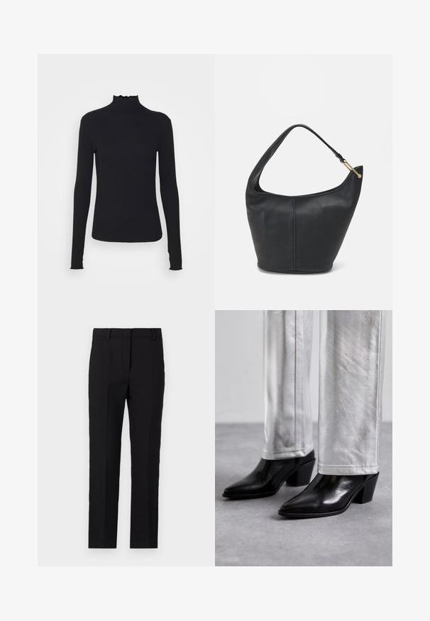 Must kannus varrukatega turtleneck, mis on valmistatud siledast kangast, koos rippuvate kraede ja liibuva siluetiga, millel on lihtsad servad.; Mustad püksid, millel on kohandatud lõige, sirge jala disain, küljetaskud ja sile kangatekstuur.; Must musta ankle boots, mille musta ja terava nina ning plokkjala, kombineeritud läikivate hõbedaste pükstega, esitades sujuvaid tekstuure ja kontrastseid värve.; Musthave musta nahast käekott ümarate servadega, laia rihmaga ja tekstureeritud pinnaga. Omab peenelt õmblust detailina ning kullatooni aksessuaare.