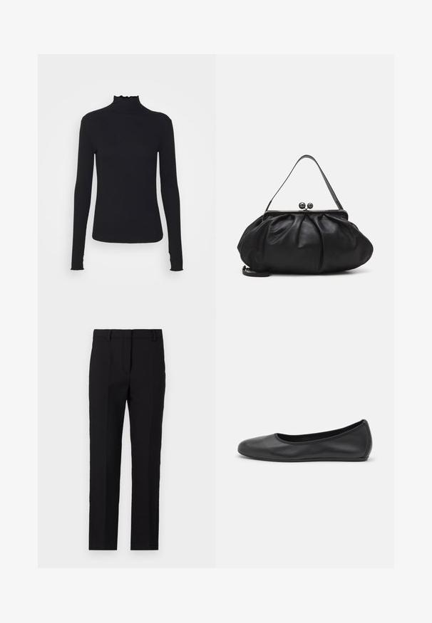 Fekete, hosszú ujjú, garbós felső sima anyagból, fodros gallérral és illeszkedő sziluettel, egyszerű élekkel.; Fekete nadrág, amely szabott fazonú, egyenes szárú, oldalsó zsebekkel és sima szövettextúrával rendelkezik.; Fekete bőr balettcipő lekerekített orral, sima tekstúrával, minimális varrással és rugalmas talp kialakítással.; Fekete bőr kézitáska lekerekített, pliszírozott dizájnnal. Fémes zárja két dekoratív golyóval és egy vékony, lecsatolható pánttal rendelkezik.