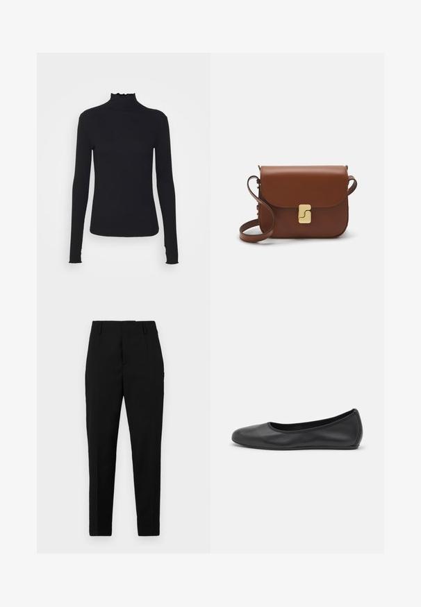 Sort langærmet turtleneck top lavet af glat stof, med en rynket krave og tætsiddende silhuet med enkle kanter.; Sorte bukser med en skræddersyet pasform, der har sidelommer, en glat tekstur og et strømlinet design, der bliver smalere mod anklerne.; Sort læderballetsko med rund tå, glat tekstur, minimal syning og et fleksibelt såldesign.; Brun læder håndtaske med flaplukning, hardware i gyldent tone, en skulderrem og en glat overflade. Kompakt rektangulær form.